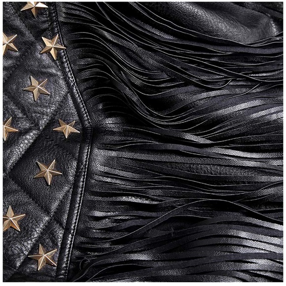 Fringe Rivets Faux Leather Biker Leather Jacket - Picture 6 of 7